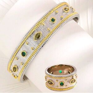 Silver Gold Peridot & Emerald Stone Bangle Bracelet Matching Ring Set